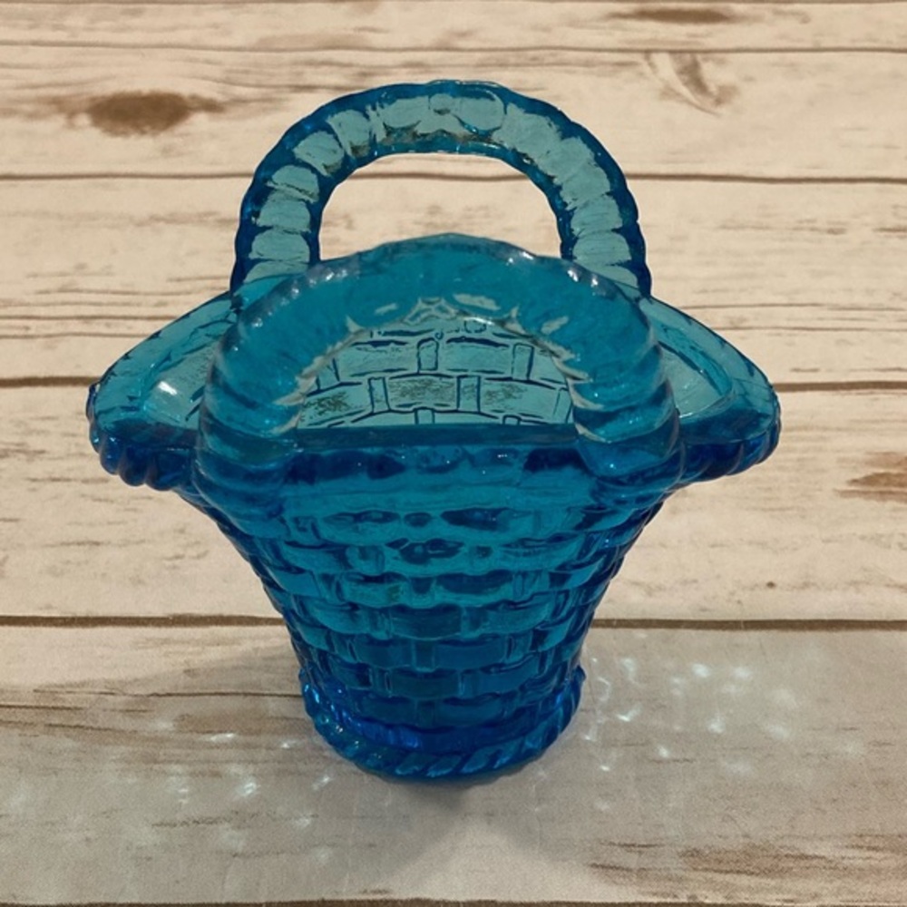 Vintage Jeanette Blue Pressed Mini Glass Basket Trinket Dish